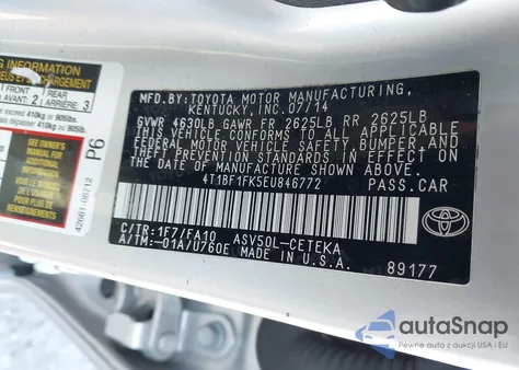 2014 Toyota Camry L из США, поврежденный, VIN 4T1BF1FK5EU846772